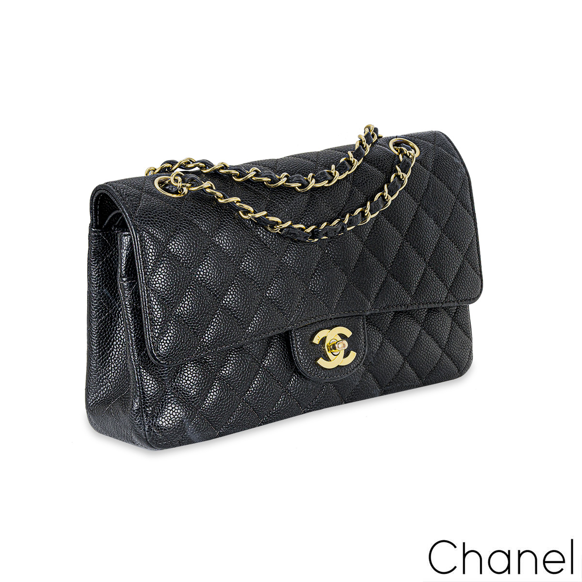 Chanel Classic Medium Double Flap, Black Caviar Leather, Silver Hardware,  Preowned in Dustbag